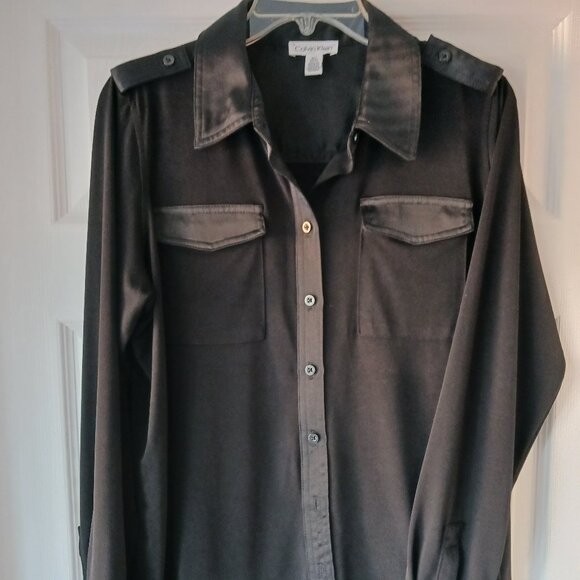 Calvin Klein Women's Button Down Black Blouse Long Sleeves Medium Pockets - Picture 1 of 8